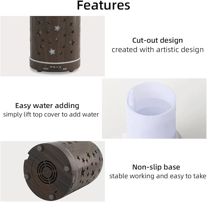Aromatherapy Diffusers,7.1''x3.5''Diffuser with 3 Essential Oil Set,Small 200ml Office Desk Humidifier with 7 LED Colors Night Lights,Waterless Auto-Off for Home Decor Gift (Star Dark Wood Grain) - Bloomnest