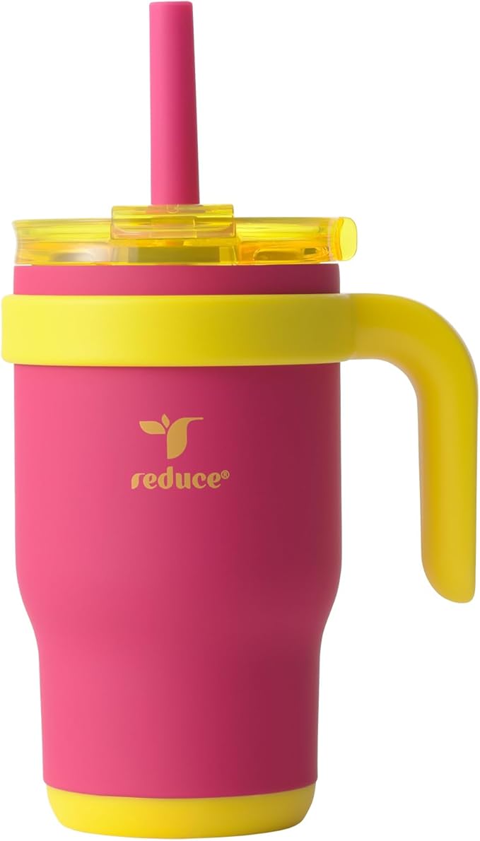 REDUCE 14 Oz Coldee Kids Tumbler with Lid and Straw - Coldee Insulated Travel Mug - Spill-Proof, Sweatproof Stainless Steel, BPA-Free - Includes Handle, Reusable Silicone Straw - Pink Lemonade - Bloomnest