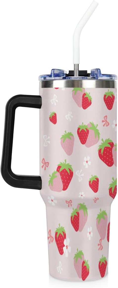 AUUXVA Cute Strawberry Print Thermal Cup for Kids, 40oz Water Bottle with Straw, Stainless Steel Tumbler with Handle, Cup for Cold and Hot Drinks, Adorable Cartoon Fruit Pattern - Bloomnest