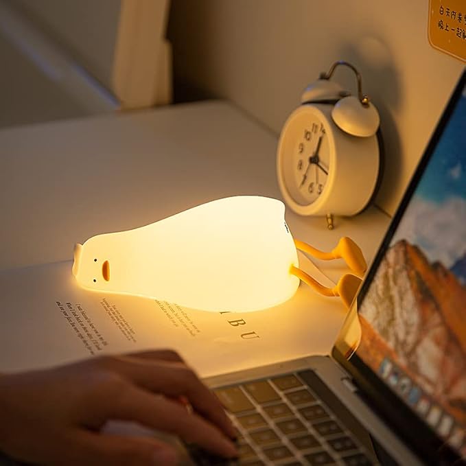 HAPPYBAG LED Lying Flat Duck Night Light, 3 Level Dimmable Nursery Nightlight,Cute Lamps Silicone Squishy Light Up Duck,Rechargeable Bedside Touch Lamp for Breastfeeding Toddler Baby Kids Decor - Bloomnest