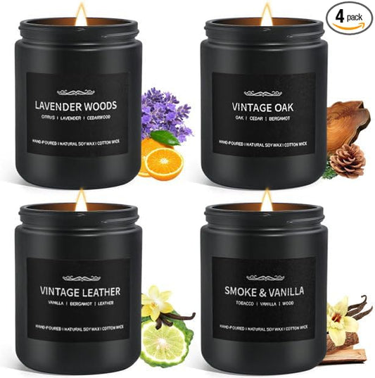 Scented Candle Set, Men Candle Set, Scented Candles for Home, Gifts for Men, 4 Pack Manly Christmas Candles Gifts for Mens Scents of Smoke Vanilla/Leather/Oak/Lavender Wood - Bloomnest