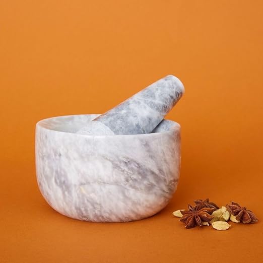 Kitchen Utensils & Gadgets, Seasoning & Spice Tools, Mortar Pestle Set, Grinder for Spices and Herbs, Kitchen Countertop, Small Spaces, Aesthetic, Sturdy, Round, 5" Wide, Gray White Marble Stone - Bloomnest