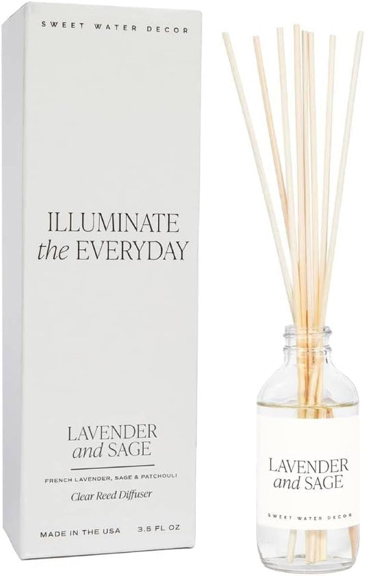 Sweet Water Decor Lavender and Sage Reed Diffuser - Spring Lavender Reed Diffuser for Home and Office with Long Lasting Fragrance - Made in The USA