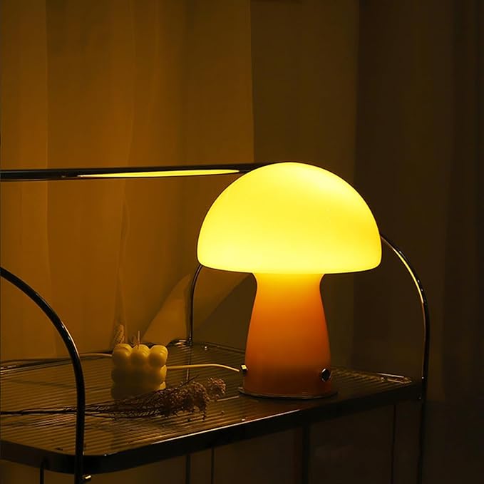 Cute Mushroom Lamp with Glass Lampshade,Small Orange Table Light,Dimmable Led Bedside Lamp,Mid Century Modern Desk Light for Living Room Bedroom - Bloomnest