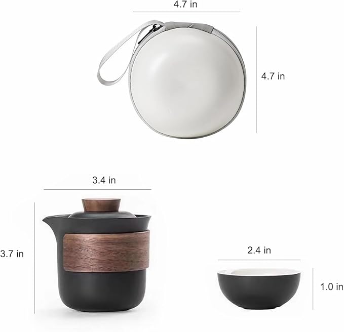 Mini Travel Ceramic Tea Pot Set Chinese Kung Fu Teapot, 1 Pot 3 Cups Porcelain Teacups with Tea Infuser Portable Bag for Home Office Outdoor Picnic Black
