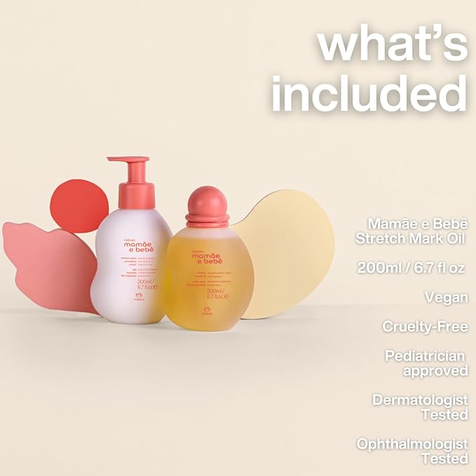 natura - Mamãe e Bebê Mom Stretch Marks Oil - Moisturizing Shower Oil - Skin Elasticity - 100% Vegan - Almond Oil - 97.3% Natural Origin - All Skin - Cruelty Free - Baby Essentials - 6.7 fl oz (200ml) - Bloomnest