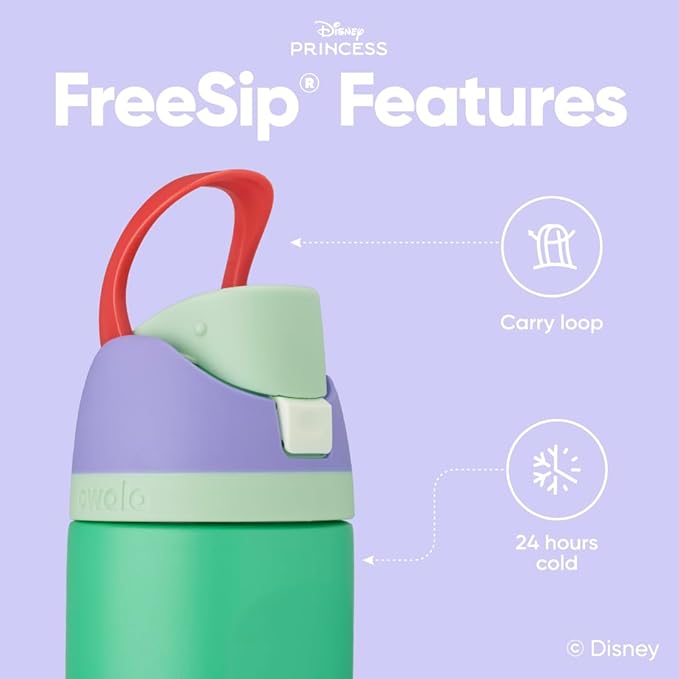Owala Disney Princess FreeSip Insulated Stainless Steel Water Bottle with Straw for Sports and Travel, BPA-Free Sports Water Bottle, 24 oz, Ariel Owala