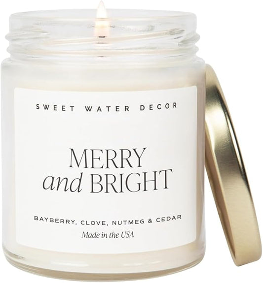 Sweet Water Decor Merry and Bright Candle - Bayberry, Fir, Nutmeg, and Clove Winter Holiday Scented Soy Candles for Home - 9oz Clear Jar, 40 Hour Burn Time, Made in The USA - Bloomnest