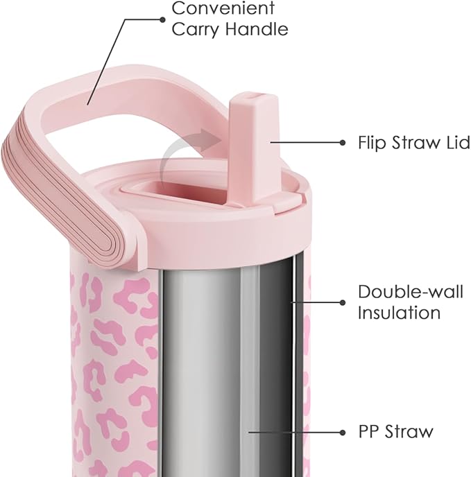 SANDJEST Leopard Skin Stainless Steel Straw Lid Tumbler 30oz with Carry Handle for Women Girls, Insulated Travel Coffee Cup, Gift for Sports Outdoor Workout Christmas Birthday (Pink) - Bloomnest