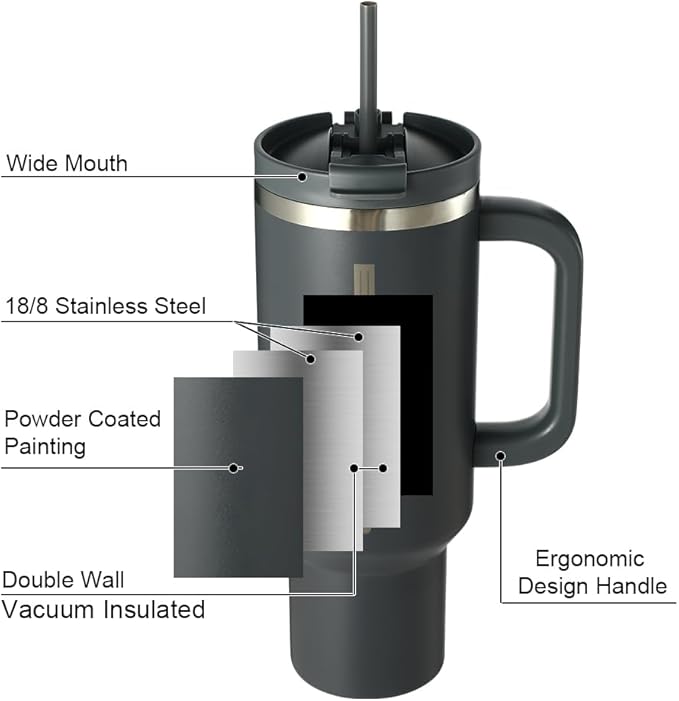 Stainless Steel Insulated Tumbler with Handle Lid and Straw, 40oz Keeps Drinks Cold for 12 Hours or hot for 8 Hours, Vacuum Insulated Water/Coffee/Tea Bottle for Home/Office/Car/Travel-Gift - Bloomnest