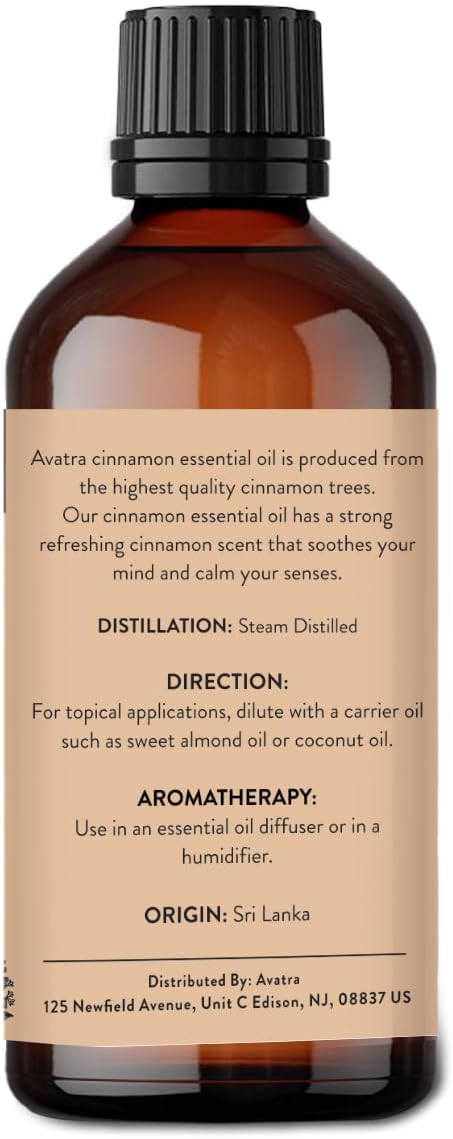 Avatra Cinnamon Essential Oil 100ML (3.38 OZ) with Glass Dropper and Travel Bottle, Pure and Natural Therapeutic Grade Cinnamon Oil for Diffuser, Aromatherapy, Massage, and DIY Candle Products - Bloomnest