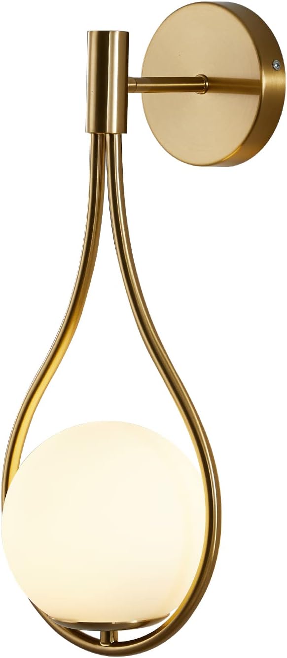 Modo Lighting Globe Glass Wall Sconce Modern Mid Century Drop Design Wall Mounted Light Brushed Brass Wall Lamps Wall Washer for Bedside Living Room (1 Pack,Gold) - Bloomnest