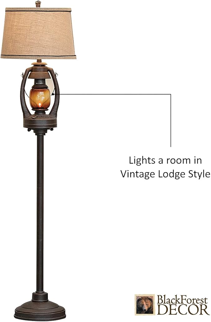 BLACK FOREST DECOR Vintage Lantern Floor Lamp with Burlap Shade - Rustic Lodge Standing Lamp - Bloomnest