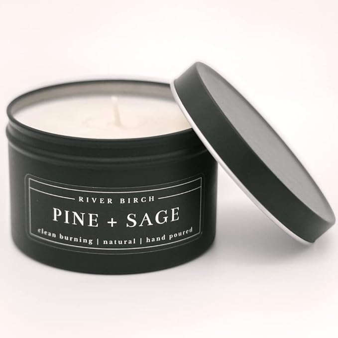 River Birch Candles Pine + Sage Scented Candle | Premium, All-Natural, Non-Toxic, Soy Candles | 8 oz. Black Matte Tin Travel Candle | Cozy Relaxing Gifts for Home - Bloomnest