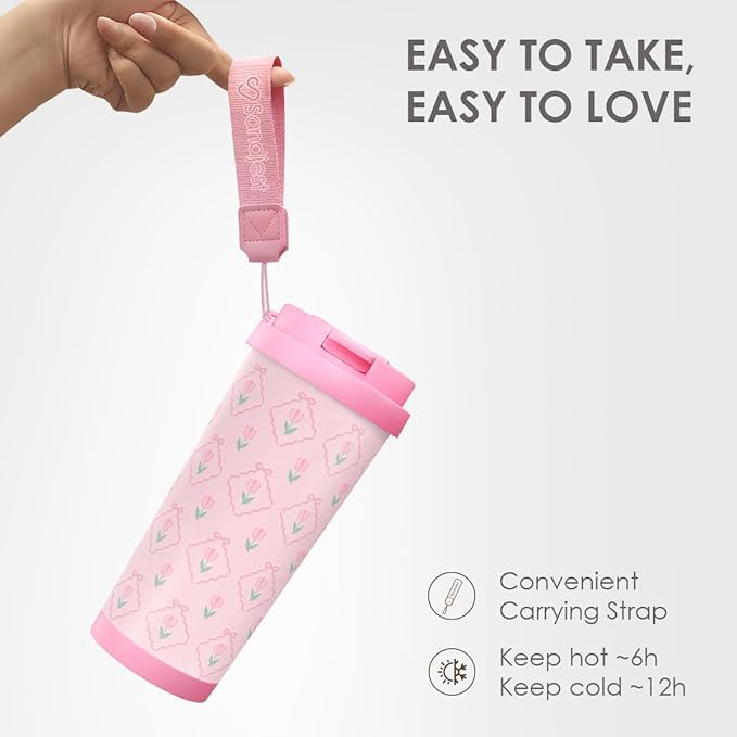 Tulip Tumbler - Stainless Steel 2-in-1 Lid Coffee Tumbler 18 oz, Insulated Travel Mug Gift for Women Girls Teen Mother, Birthday Christmas - Bloomnest