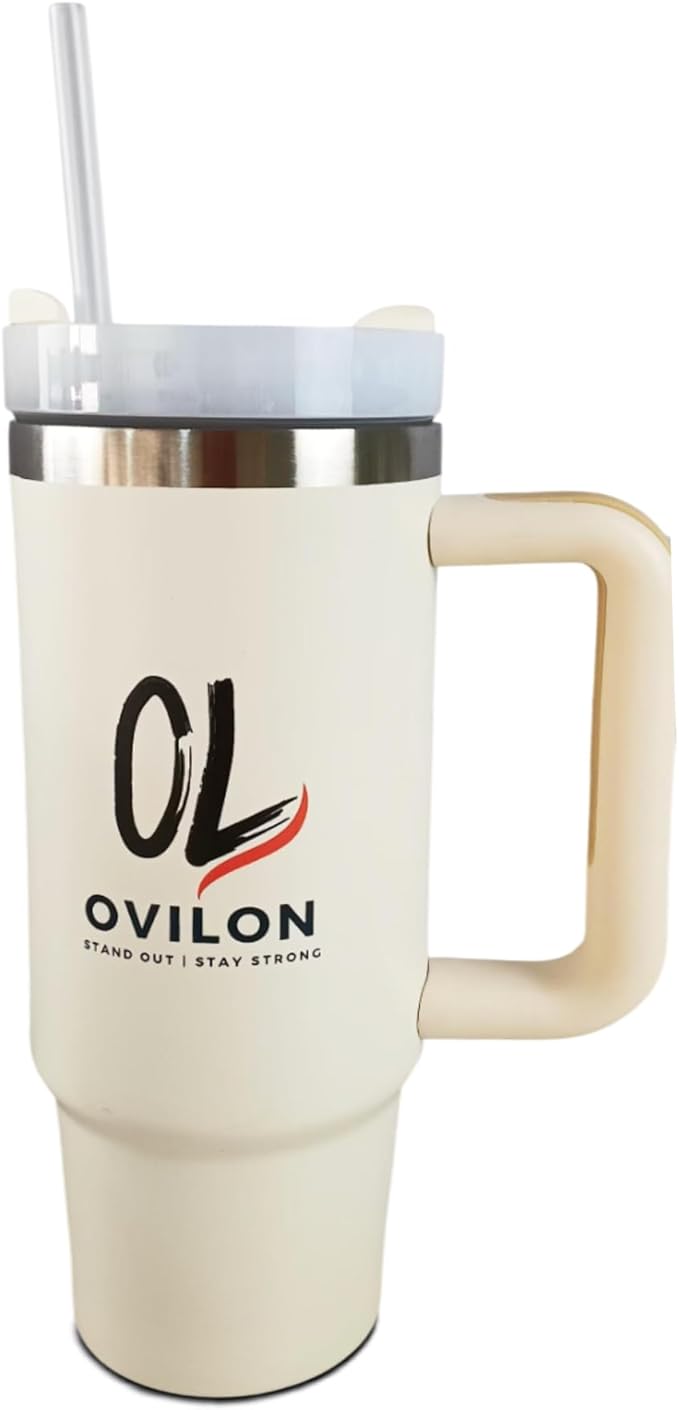 Ovilon Premium Travel Tumbler with Handle – Insulated Hot & Cold Drink Cup, Easy Grip, Leak-Proof Lid, Stainless Steel Mug (Beige, 30oz) - Bloomnest