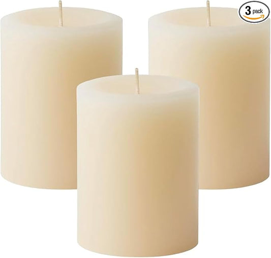 Mister Candle Dripless Vanilla Scented Ivory Pillar Candles Set of 3, Hand Made Vanilla Pillar Candles with Essential Oils for Home Decor, Premium Wax, 60 Hr Burn Time (3x4 inch) - Bloomnest