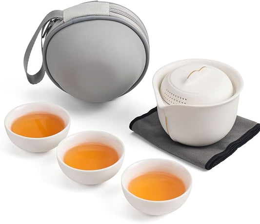 Travel Tea Set Ceramic Tea Pot Set Chinese Kung Fu Teapot Porcelain Gongfu Teacups Frosted Glazed Tea Cup, Portable Bag 1 Pot 3 Mini Cup All in One for Home Office Outdoor Picnic Camping Hotel, White