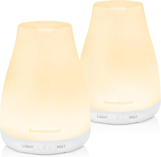 InnoGear Essential Oil Diffuser, 2 Pack Ultrasonic Diffusers for Home Aromatherapy Humidifier for Bedroom Room 7 Colors LED 2 Mist Mode Auto Off, Basic White - Bloomnest