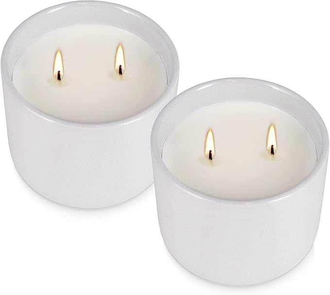 2-Pack Large Citronella Scented Candles - White Ceramic Double-Wick, Natural Soy Wax, Decorative Geometric Jar for Patio, Garden & Outdoor Decor - Bloomnest