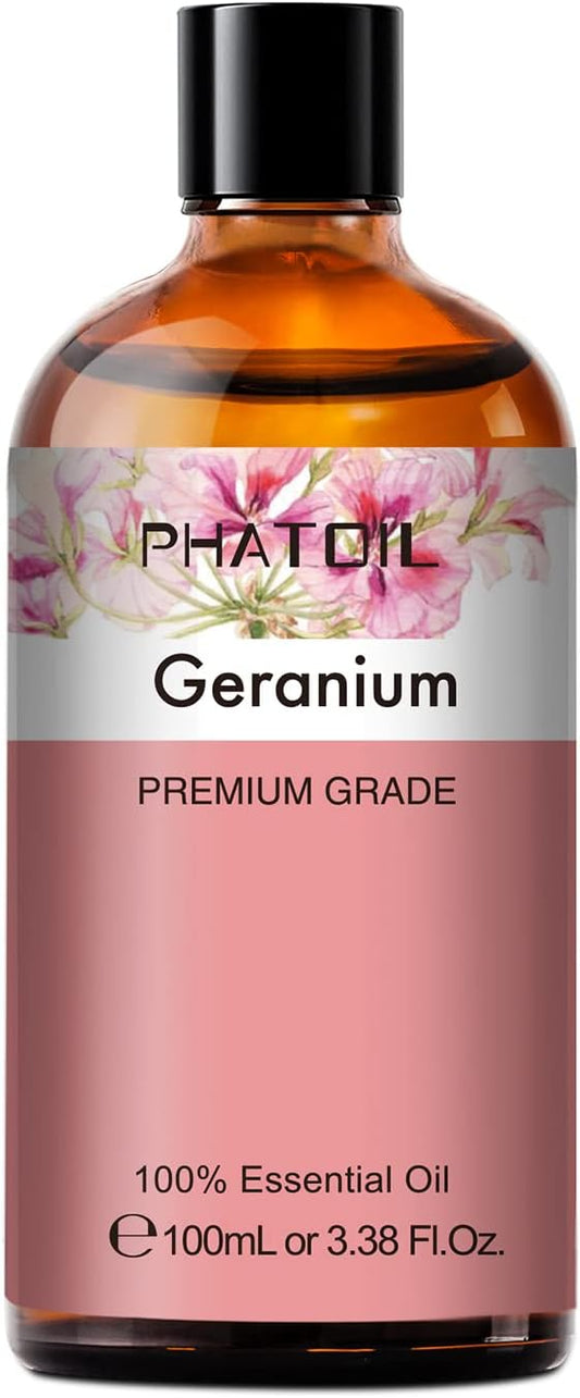Geranium 3.38fl.oz Essential Oil, PHATOIL Aromatherapy Essential Oils for Diffuser, Humidifier, Perfect for DIY Soap, Candle, Bath Bombs Making(100ml) PHATOIL