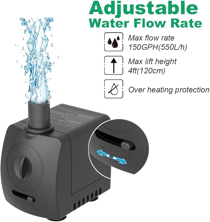 Submersible Pump 150GPH (550 L/H 9.5W) Ultra Quiet with Over Heating Protection 4ft High Lift for Fountains, Hydroponics, Ponds, Aquariums & More - Bloomnest