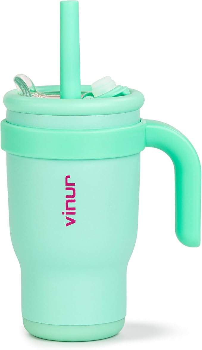 VINUR Kids 14 oz Tumbler with Handle and Straw Lid - Leak Resistant-Reusable Stainless Steel Insulated Tumbler Mug with Rubber Base-Cup Holder Friendly, Teal - Bloomnest