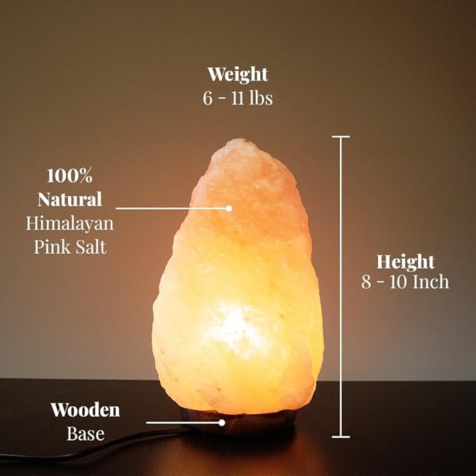 POHS 8-10 Inches (7-11 lb) 100% Authentic Himalayan Pink Salt Lamp – Handcrafted with Dimmable Switch, Wooden Base, and Bulb Replacement Included