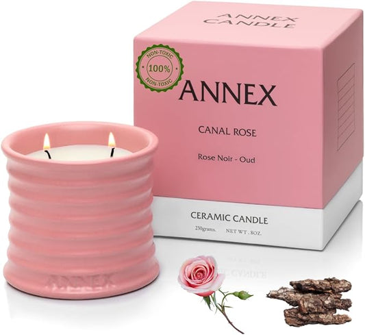 Scented Luxury Candles in Handmade Ceramic Jars, Soy Wax | Canal Rose – Rose Bud & Oud Scented, Large Candle | Non Toxic, 2 Wicks, Reusable Big Pink Jar | Natural Spring Aromatherapy for Women & Men - Bloomnest