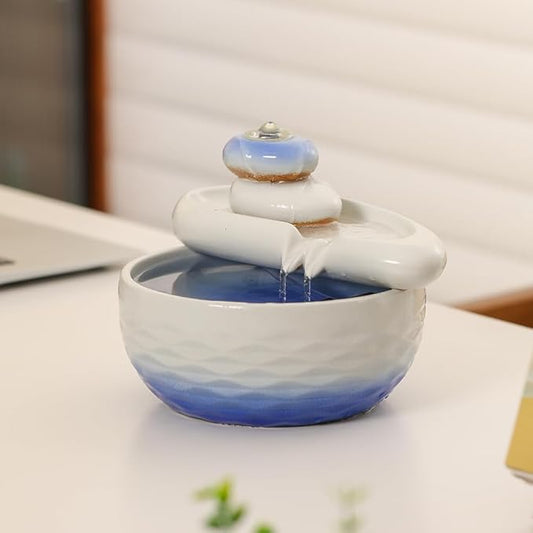 Ceramic Tabletop Desktop Fountain Water Feature Indoor Home Office Kitchen Decoration (White) - Bloomnest