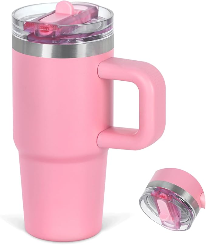 Cosictic 14 Oz Flip Straw Tumbler with Handle for Kids, Stainless Steel Double Wall Insulated Cup for Children with Flip Top Lid, 14 Oz Leak-proof Cups for Kids, Pink - Bloomnest