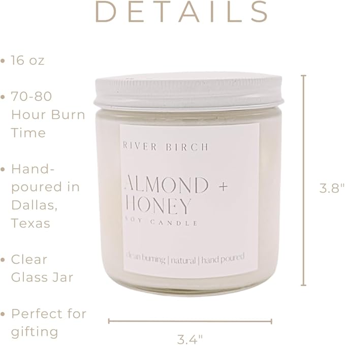 River Birch Candles Almond & Honey Scented Candle | Premium, All-Natural, Non-Toxic, Soy Candles | 16oz 90 Hr Burn Time | Cozy Relaxing Gifts for Home - Bloomnest