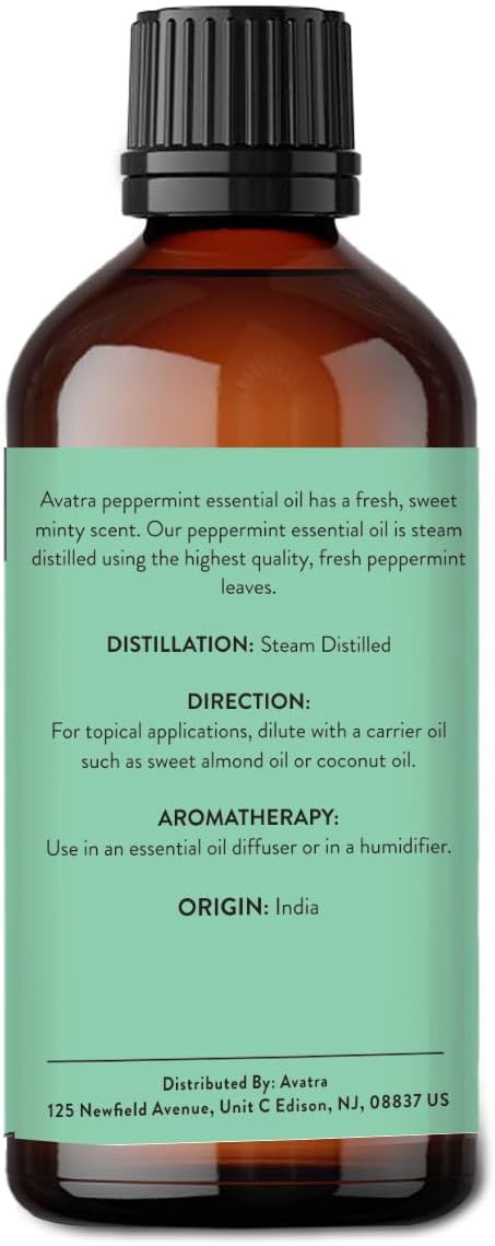 Avatra Peppermint Essential Oil 100ML (3.38 OZ) with Glass Dropper and Travel Bottle, Pure and Natural Therapeutic Grade Peppermint Oil for Diffuser, Aromatherapy, Massage, and DIY Candle Products - Bloomnest