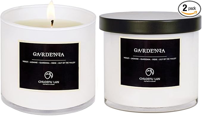 Chloefu LAN Gardenia Scented Candles - Highly Scented, 7.1oz|45 Hour Long Burning, Gifts for Women, 100% Natural Soy, Home Decor, White Glass Jar With Gift Box 2 Pack - Bloomnest