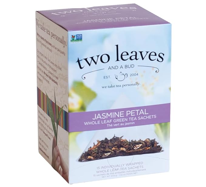 Two Leaves and a Bud Jasmine Green Tea Bags, 15 Count (Pack of 1) Whole Leaf Green Tea in Pyramid Sachet Bags, Compostable Sachets - Bloomnest