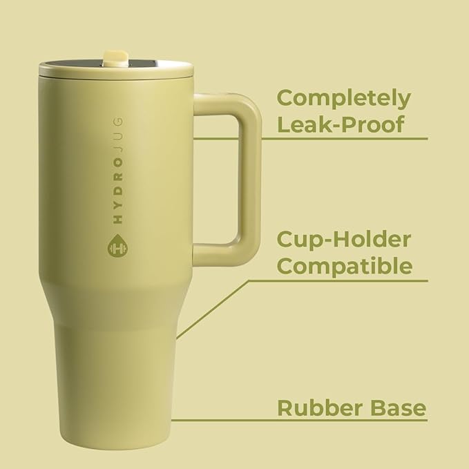 HydroJug Traveler - 40 oz Water Bottle with Handle & Flip Straw - Fits in Cup Holder, Leak Resistant Tumbler-Reusable Insulated Stainless Steel & Rubber Base - Gifts for Women & Men, Olive Hydrojug