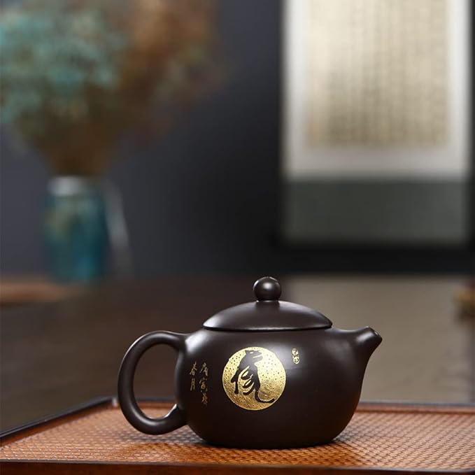 Xishi Teapot 7oz Chinese Yixing Zisha Clay Pot Ceramics Purple Sand Mud Kungfu Tea Set Kettle Spherical Filter (Black with golden tiger) - Bloomnest