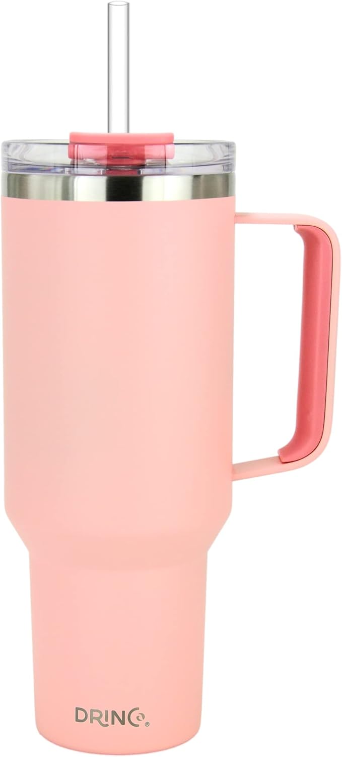 Drinco 40oz 30 oz Tumbler with Handle, Straw Lid, Insulated Stainless Steel Travel Mug Water Bottle Ice Coffee Cup For Cold and Hot, BigSur (40oz Peach)