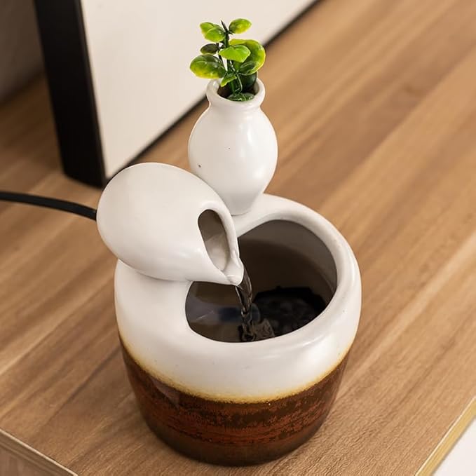 Fountain Ceramic mini Modern Design Water Feature Indoor Tabletop Desktop Home Decoration Office Kitchen Gift (White) - Bloomnest