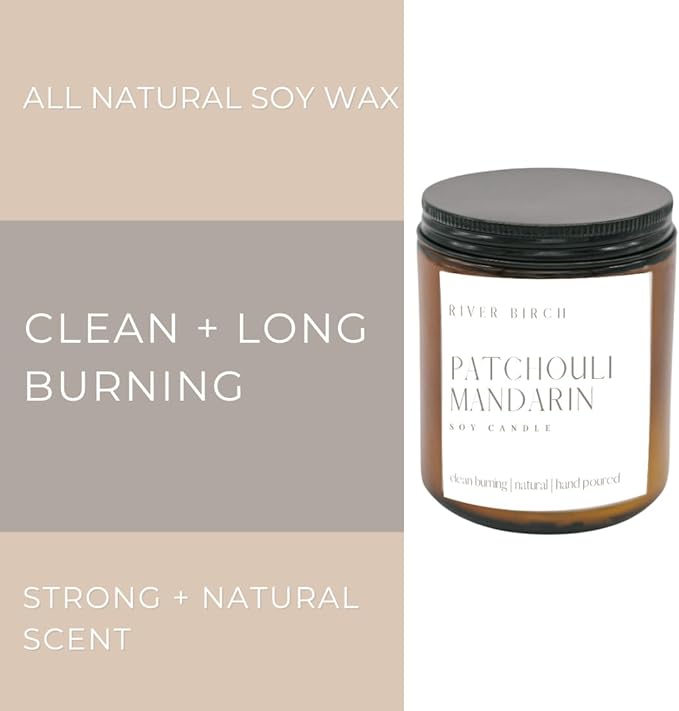 River Birch Candles Patchouli Mandarin Scented Candle | Premium, All-Natural, Non-Toxic, Soy Amber Jar Candles | 8.5oz 40 Hr Burn Time | Cozy Relaxing Gifts for Home - Bloomnest