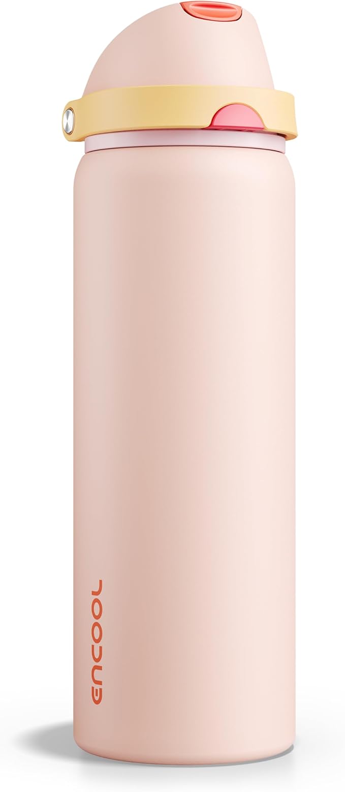 Insulated Water Bottle with Straw - Encool Stainless Steel Water Bottle with Push Button Lid, Leak-Proof & BPA-Free, Keeps Cold for 24 Hours for Sports, Travel, Gym (32 oz, Pink Daisy-Red) ENCOOL