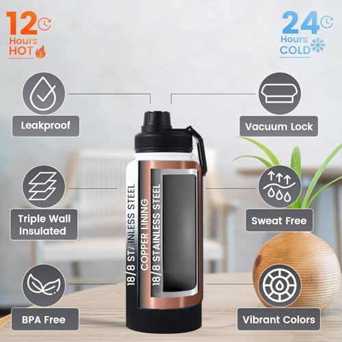 Lexlion Tea Infuser Water Bottle 32 Oz – Triple Wall Insulated Stainless Steel, Loose Leaf & Fruit Strainer, 3 Leakproof Lids, BPA-Free Silicone Sleeve, Reusable Thermal Mug - Bloomnest