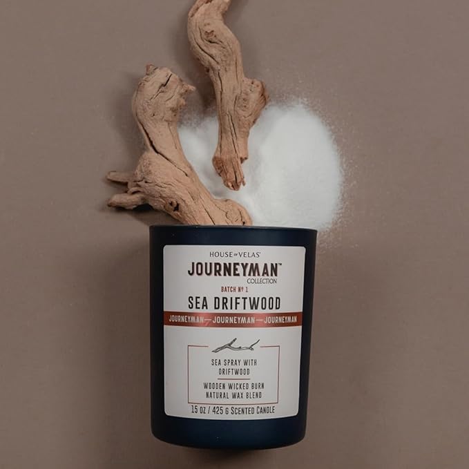 Journeyman Collection Candle, 15oz, Wooden Wick, Sea Driftwood, Large Painted Jar - Bloomnest