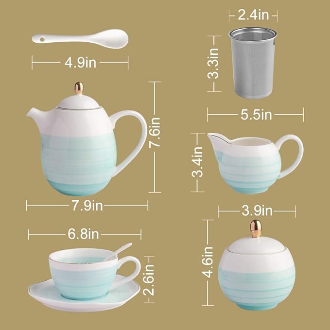 Sweejar Porcelain Tea Set, 8 OZ Capacity, Modern Style, Blue Color, Nature Pattern, 16 Piece Tea Service for 4, Includes Teapot, Sugar Bowl, Cream Pitcher, Teaspoons and Tea Strainer - Bloomnest