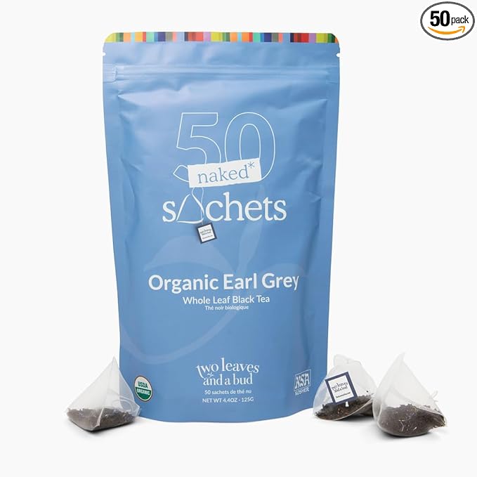 Two Leaves and a Bud Organic Earl Grey - 50 Naked Tea Sachets - Whole Leaf Black Tea in Eco-Friendly Unwrapped Compostable Sachets, Resealable Bag, 50 Count (Pack of 1) - Bloomnest