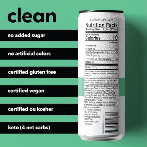 Tru Focus Seltzer, Sparkling Water with Green Tea Extract, Yerba Mate, L Theanine & Real Apple Kiwi Juice, Sweetened with Monk Fruit & Stevia, Gluten Free, Vegan, Sugar Free, 12 FL OZ Cans, 12 Pack - Bloomnest