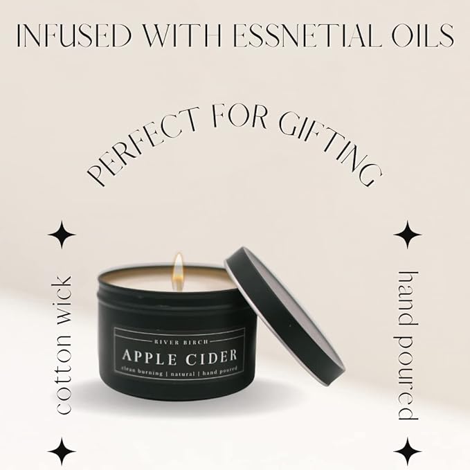 River Birch Candles Apple Cider Scented Candle | Premium, All-Natural, Non-Toxic, Soy Candles | 8 oz. Black Matte Tin Travel Candle | Cozy Relaxing Gifts for Home - Bloomnest