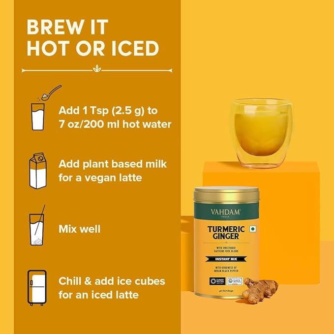VAHDAM, Golden Milk Powder/Turmeric Ginger Latte Mix (100g, 40 Cups) Caffeine-Free | Powerful Curcumin, Turmeric Powder & Ginger | Brew Hot/Iced Tea - Bloomnest