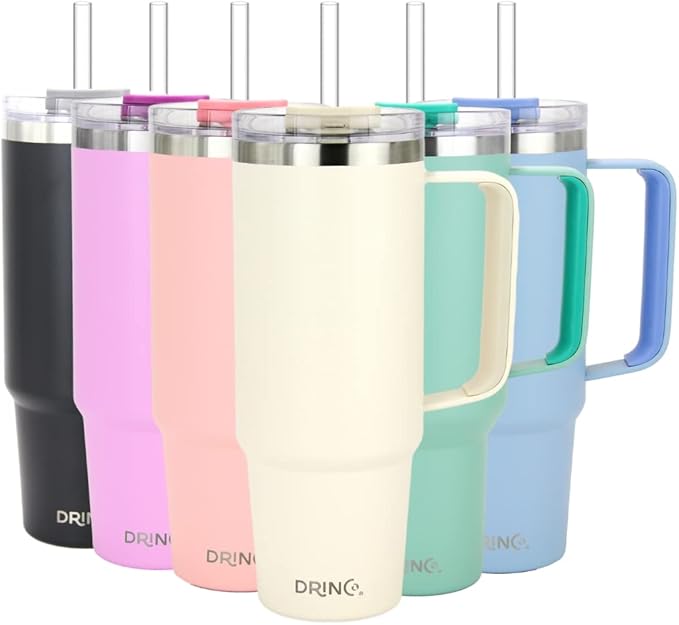 Drinco 40oz 30 oz Tumbler with Handle, Straw Lid, Insulated Stainless Steel Travel Mug Water Bottle Ice Coffee Cup For Cold and Hot, BigSur (30oz Oatmilk)