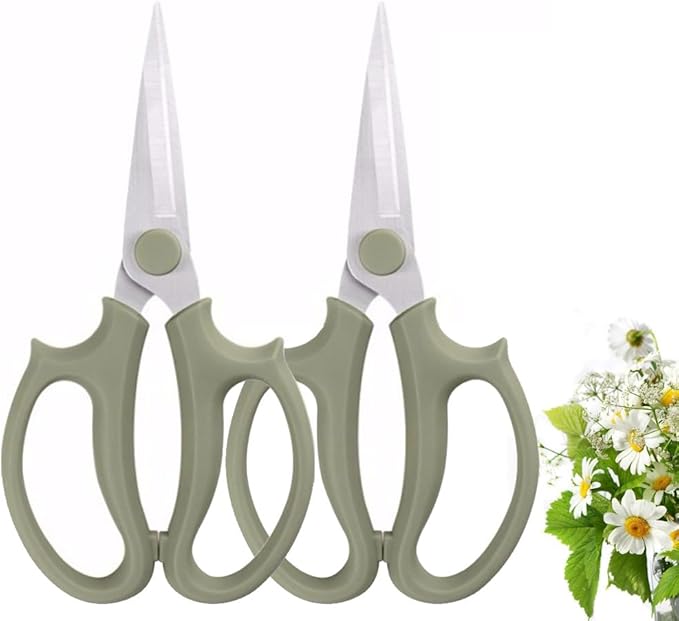 Leize Flower Scissors, Premium Thickened Stainless Steel Floral Shears, Strong Pruner for Flowers, Branches and Leaves (Grey Green Slender 2Pics) - Bloomnest